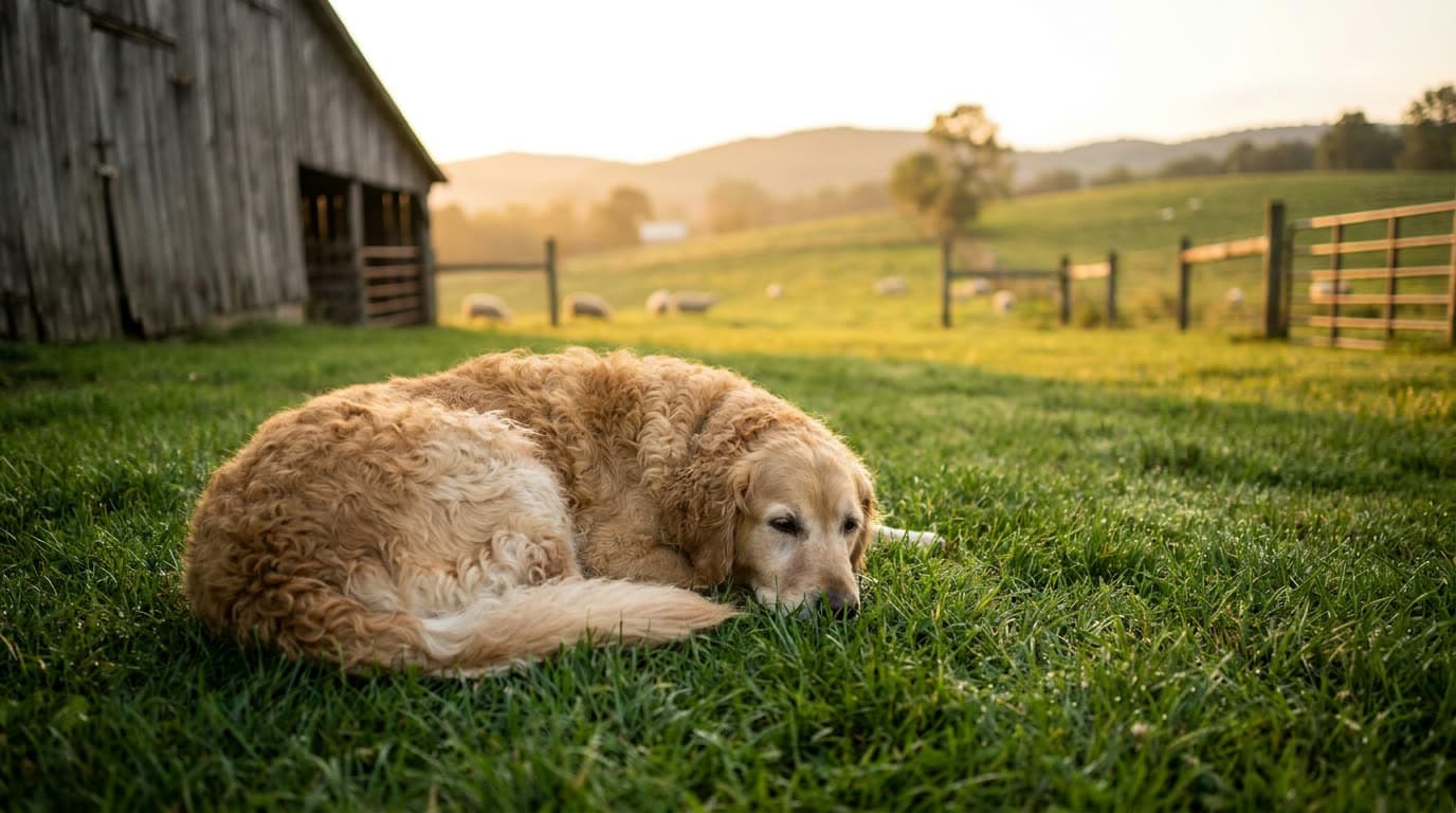 A calm, content dog resting on the 100% K9 farm