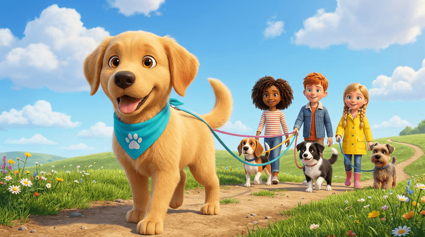 Scout the golden retriever puppy leading a parade of kids walking their dogs