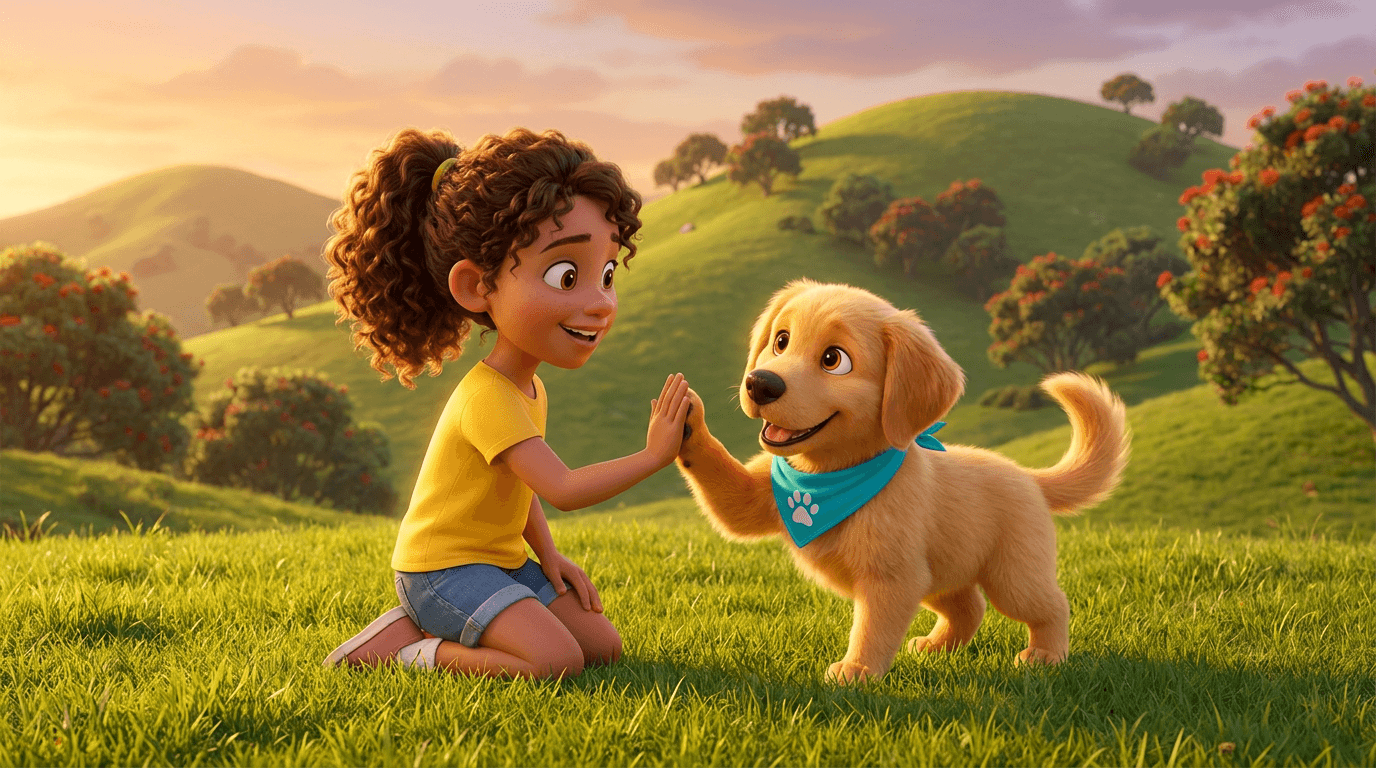 A young girl high-fiving Scout the golden retriever puppy
