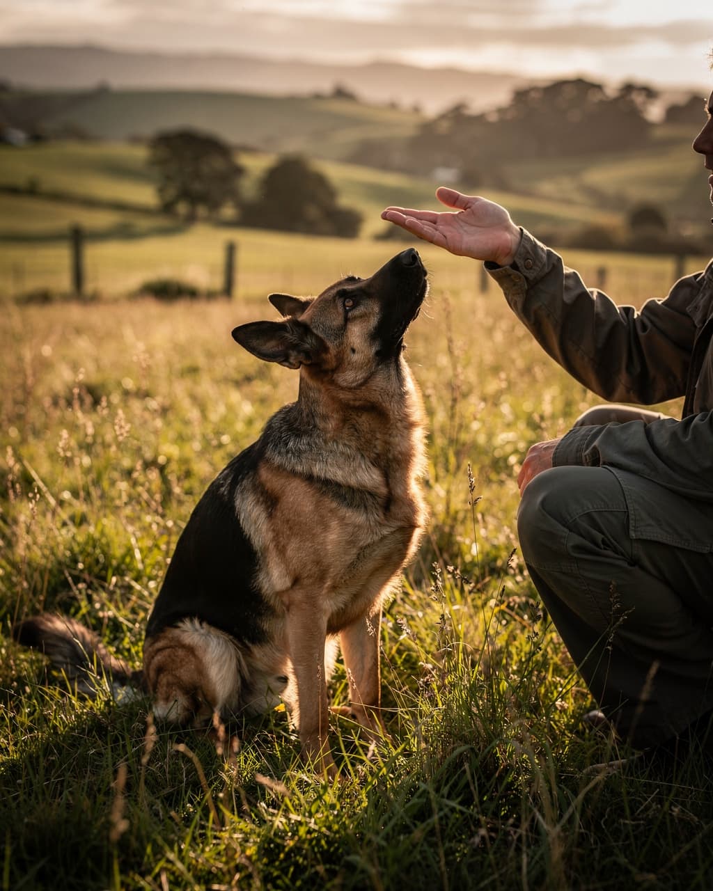 German Shepherd calmly reading a handler's hand signal during an off-lead training moment in rural New Zealand countryside at golden hour