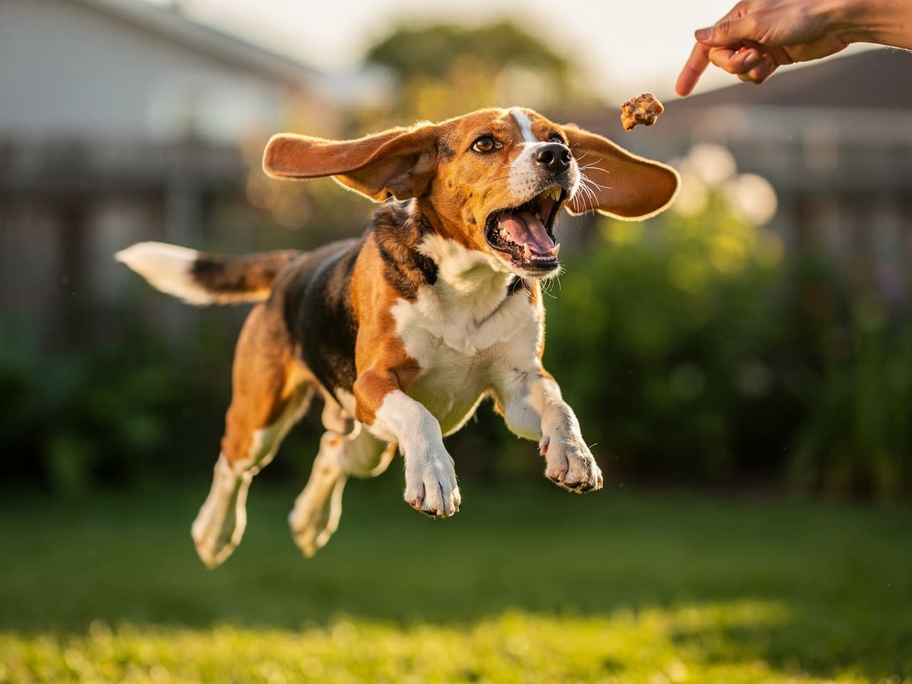Beagle leaping mid-air to catch a treat in a sunlit suburban backyard — the joy of obedience training as play